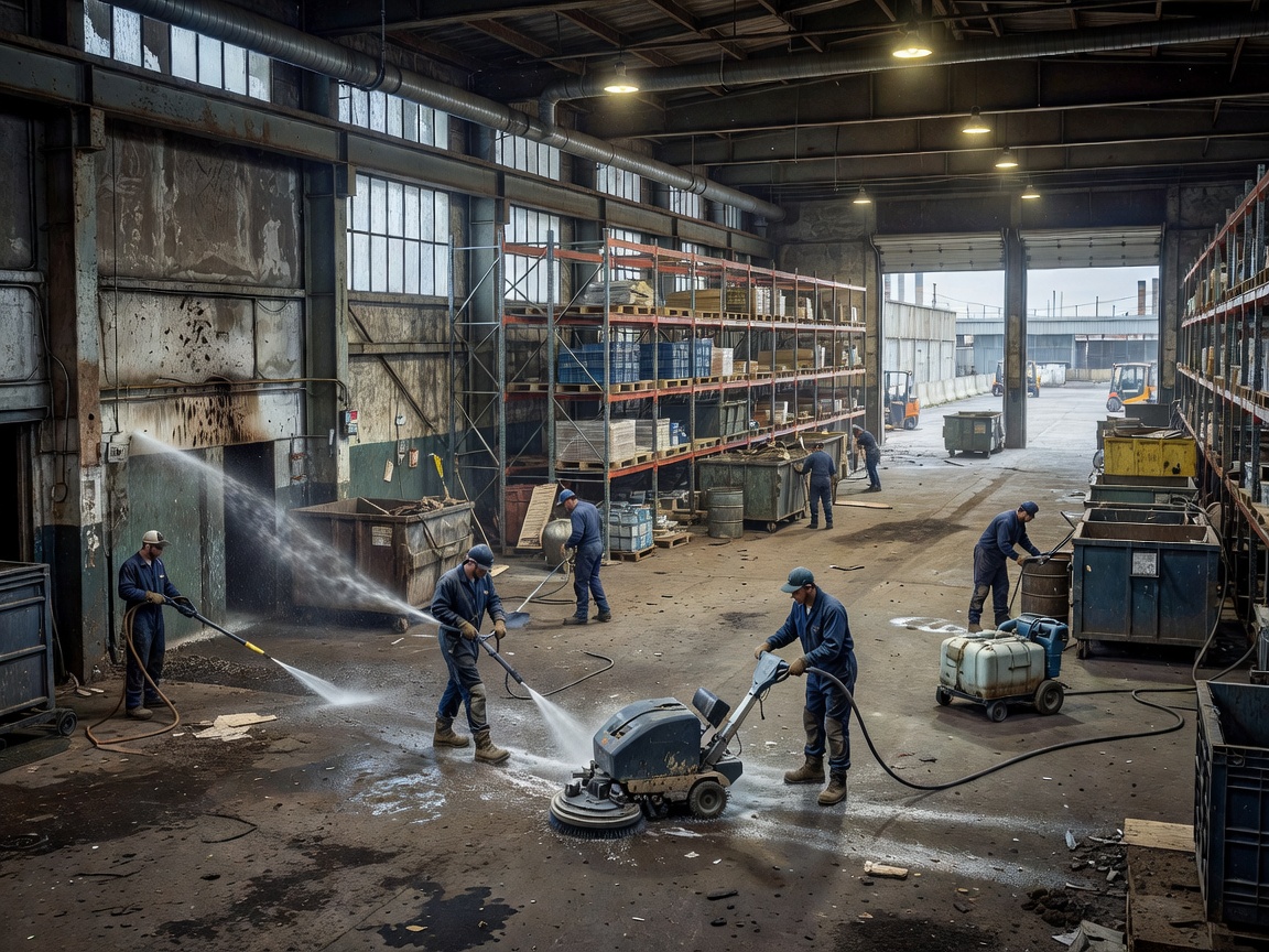 Broader warehouse facility cleaning scene in an industrial area