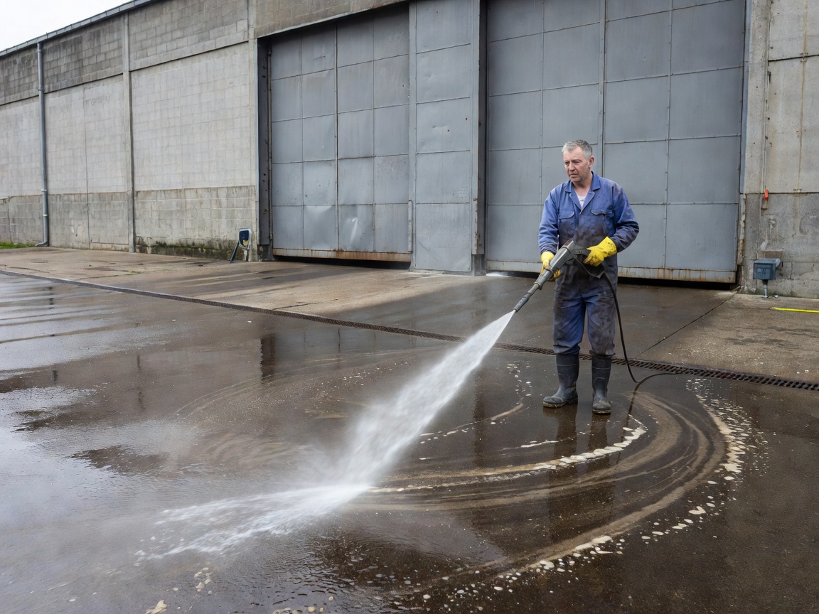Cleaner washing concrete loading bay area around warehouse doors