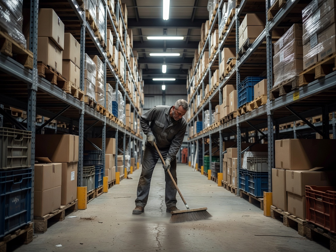 Cleaner working between real warehouse shelving and storage areas