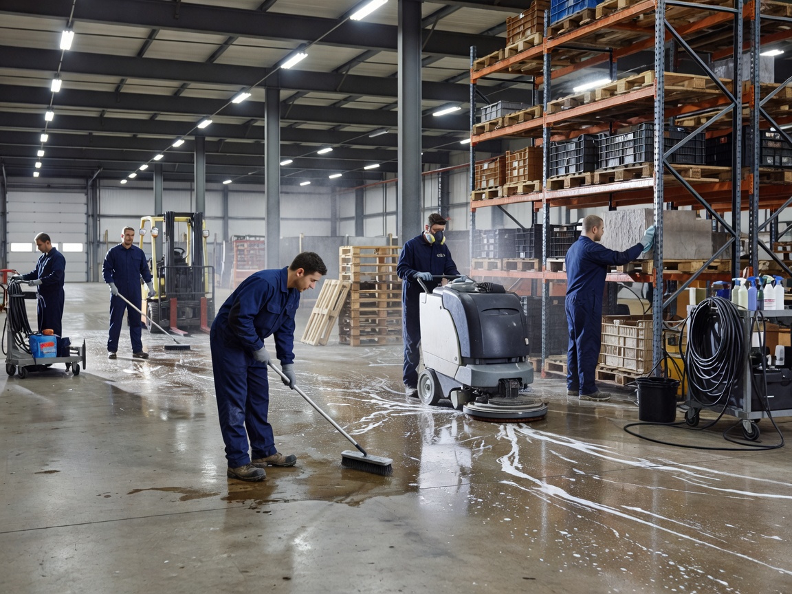 Cleaners performing a thorough deep cleaning operation across a warehouse area with visible equipment