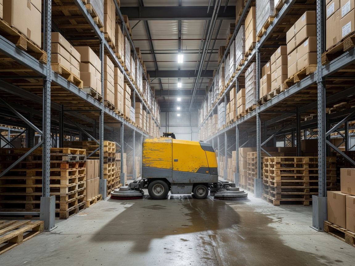 Cleaning machine operating directly inside a warehouse aisle between realistic storage racks