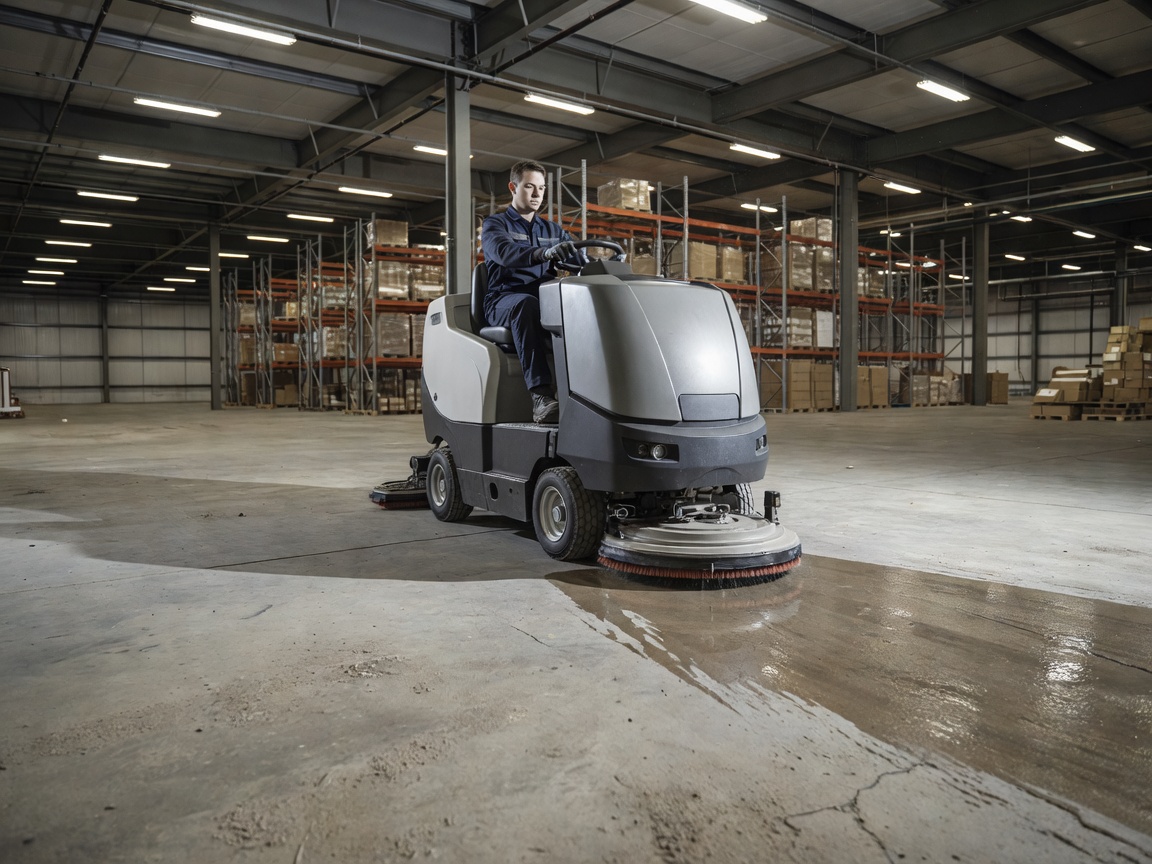 Commercial ride-on floor scrubber actively cleaning concrete warehouse floor