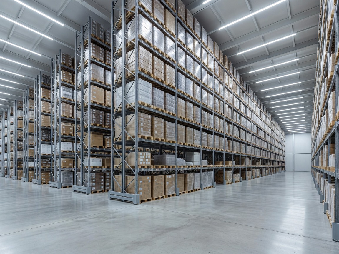 Large modern distribution centre with high shelving and clean floors