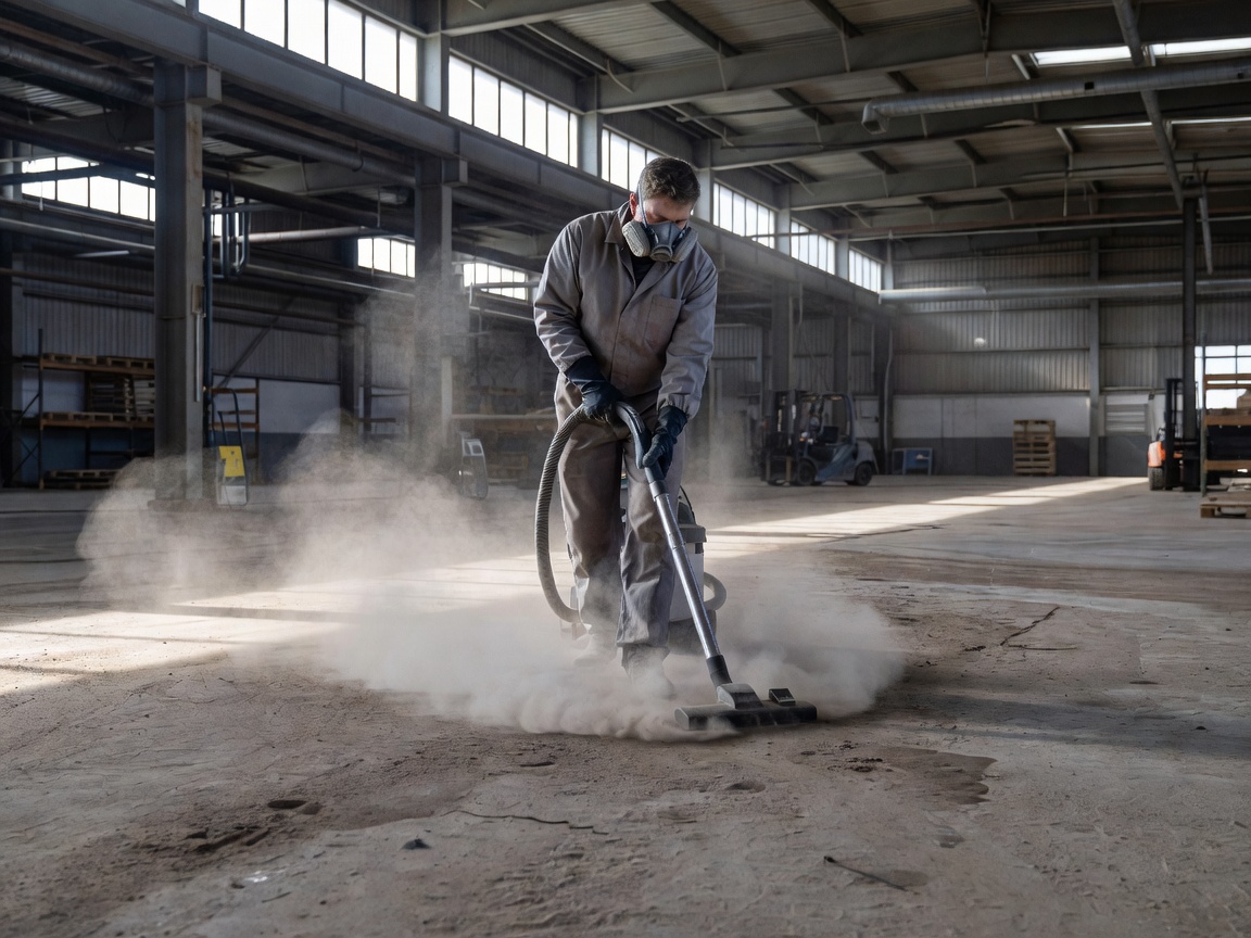 Professional cleaner removing accumulated dust from an industrial warehouse surface