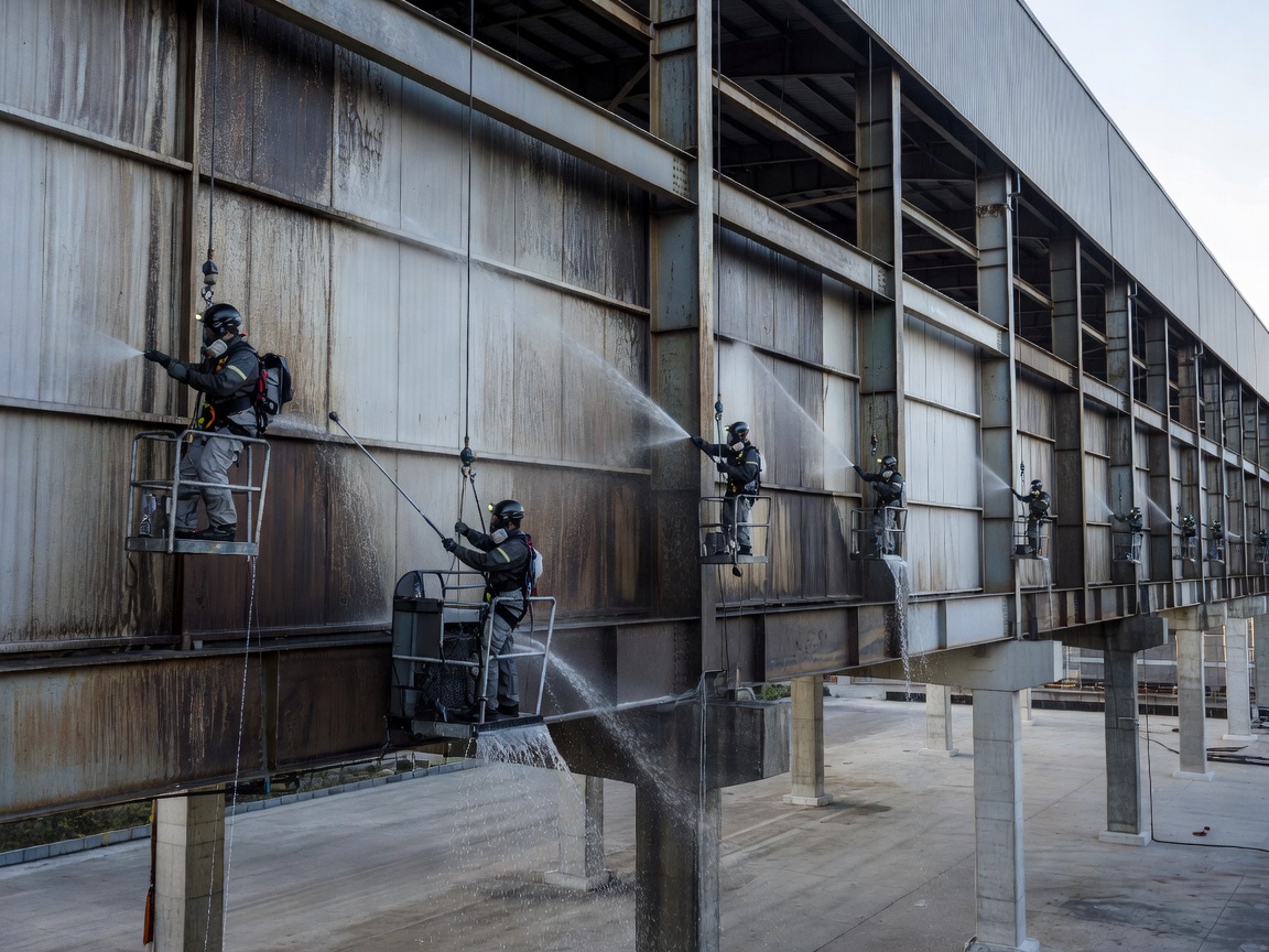 Professional high-level cleaning being carried out on an elevated warehouse structure